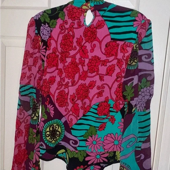 Bisou Bisou Pink Graphic Blouse Bisou Bisou Retro Floral Long Sleeve Bodysuit" - Picture 1 of 5